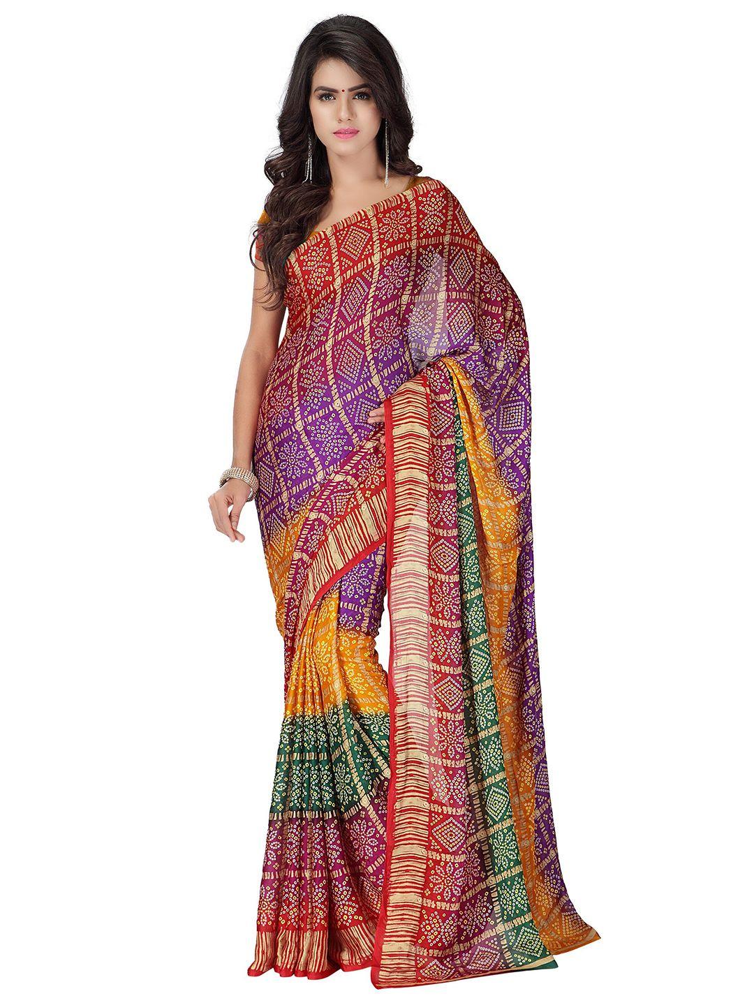 moksha designs purple & red bandhani pure crepe bandhani saree