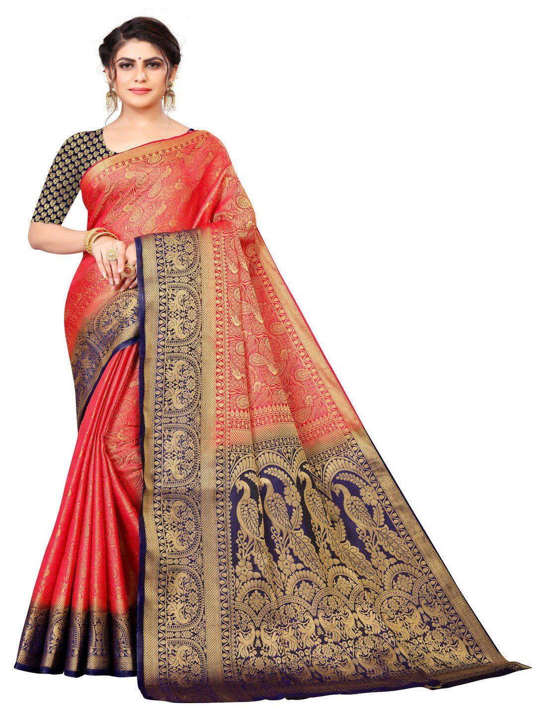 moksha designs red & navy blue woven design zari pure silk banarasi saree