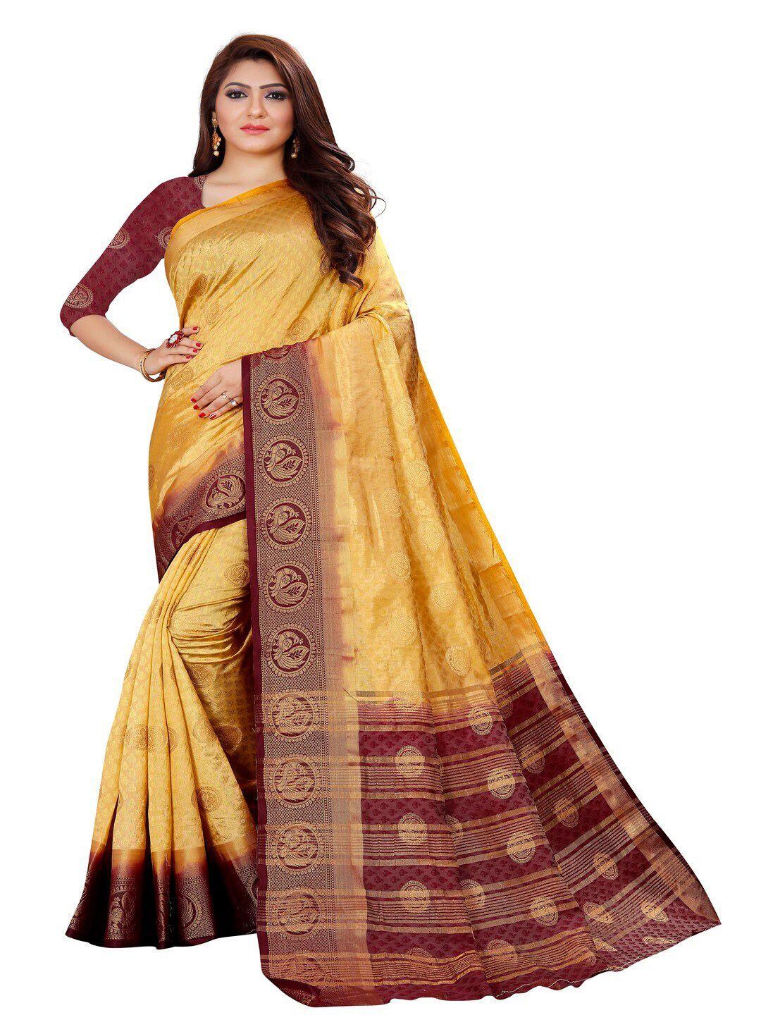 moksha designs yellow & brown woven design zari pure silk banarasi saree