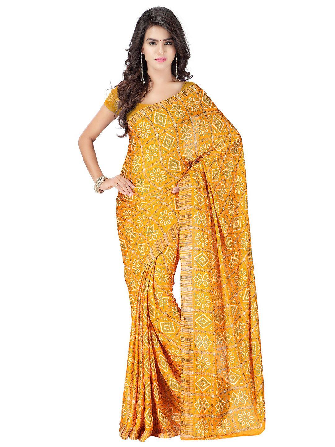 moksha designs yellow & white bandhani pure crepe bandhani saree