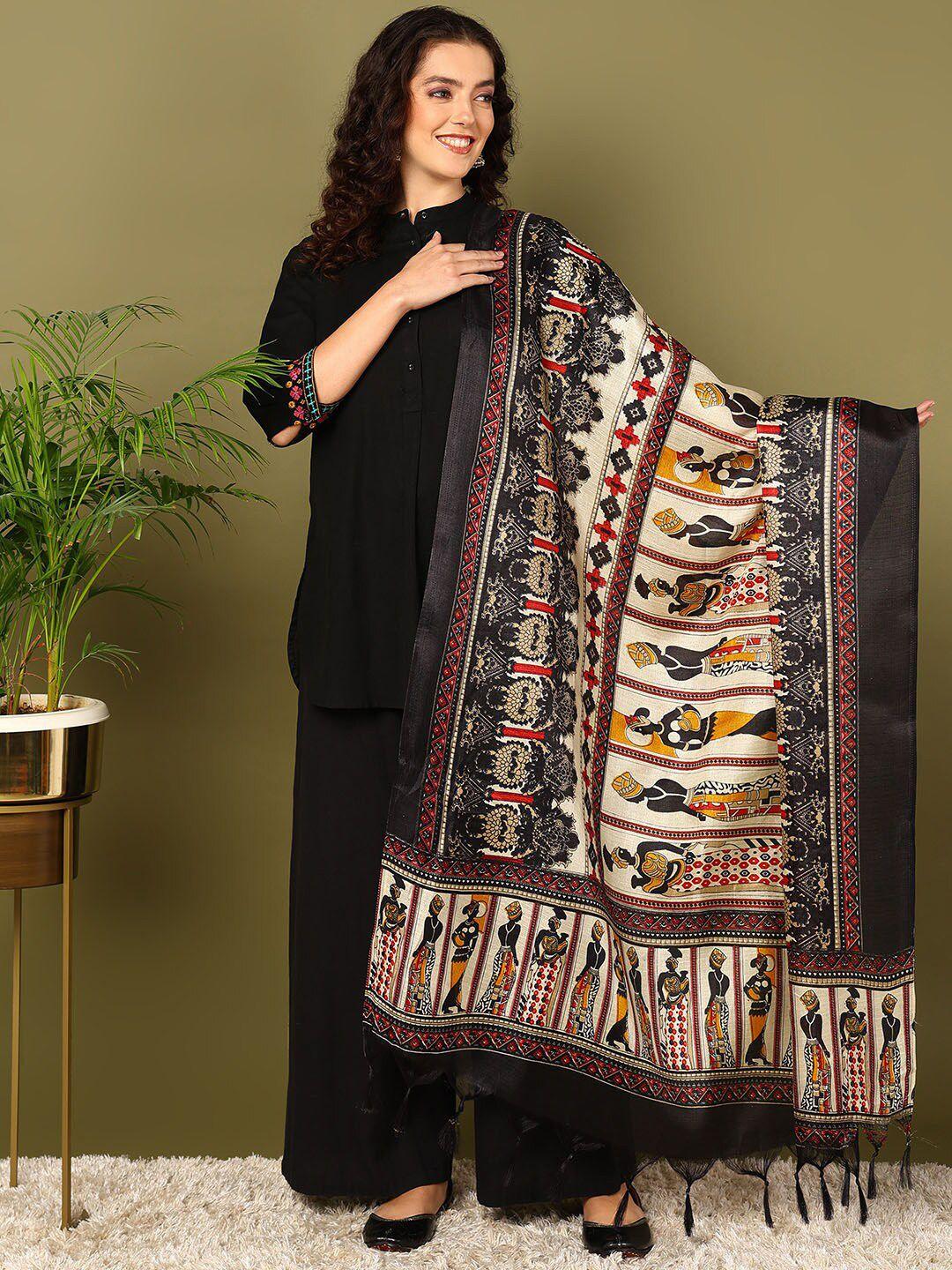 mokshi black ethnic motifs printed cotton silk dupatta