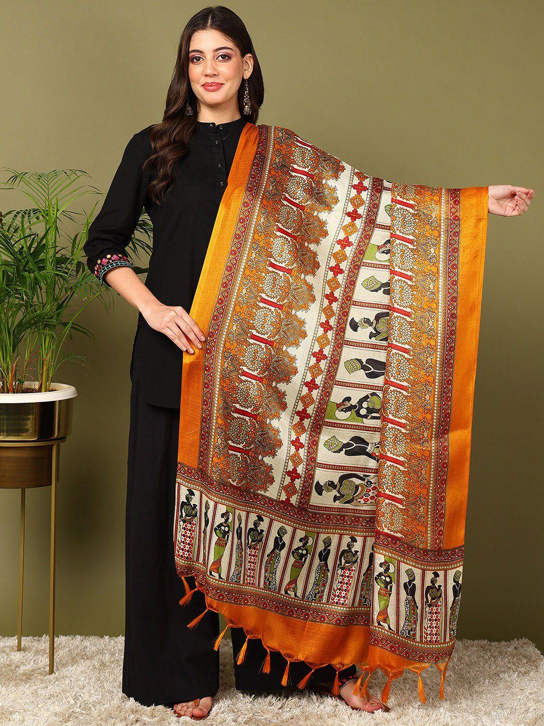 mokshi orange ethnic motifs printed cotton silk dupatta