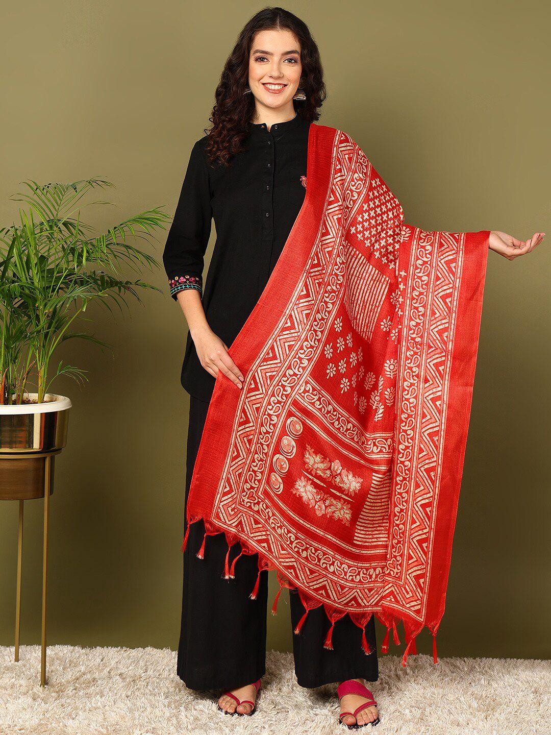 mokshi red ethnic motifs printed cotton silk dupatta