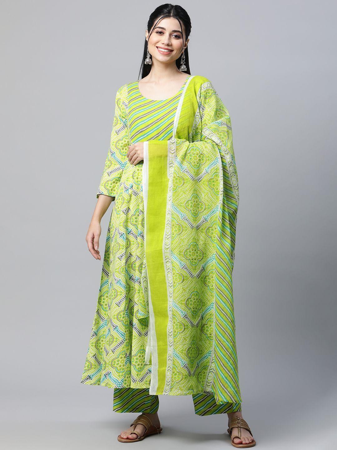 mokshi women green & white bandhani printed pleated kurta with palazzos & with dupatta