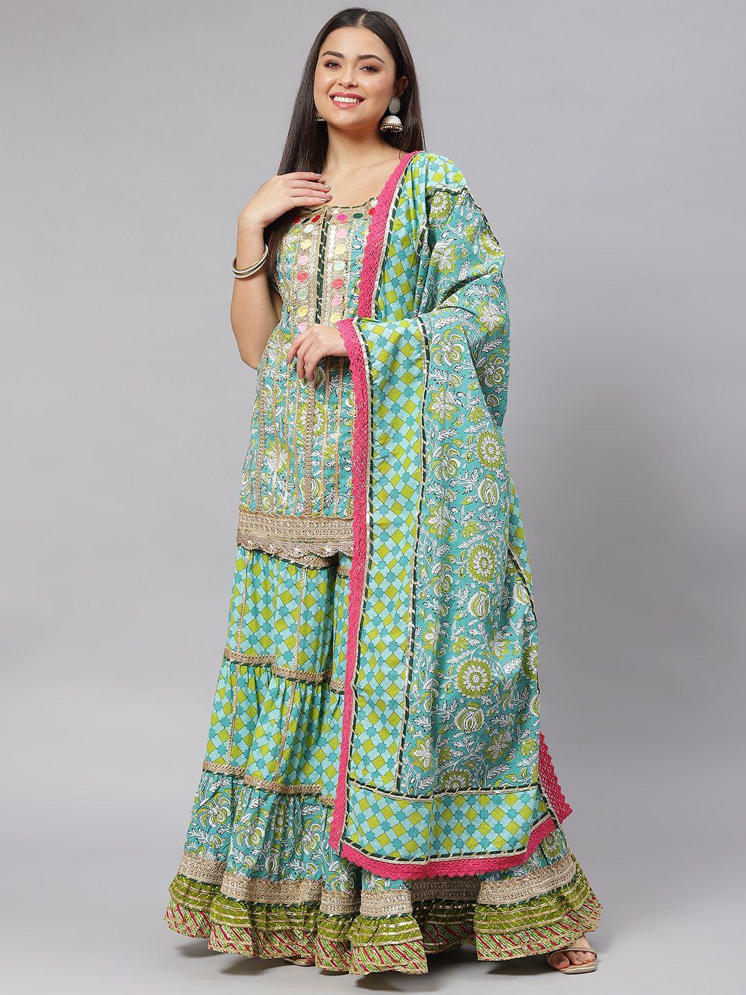 mokshi women green printed pure cotton kurti with sharara & dupatta