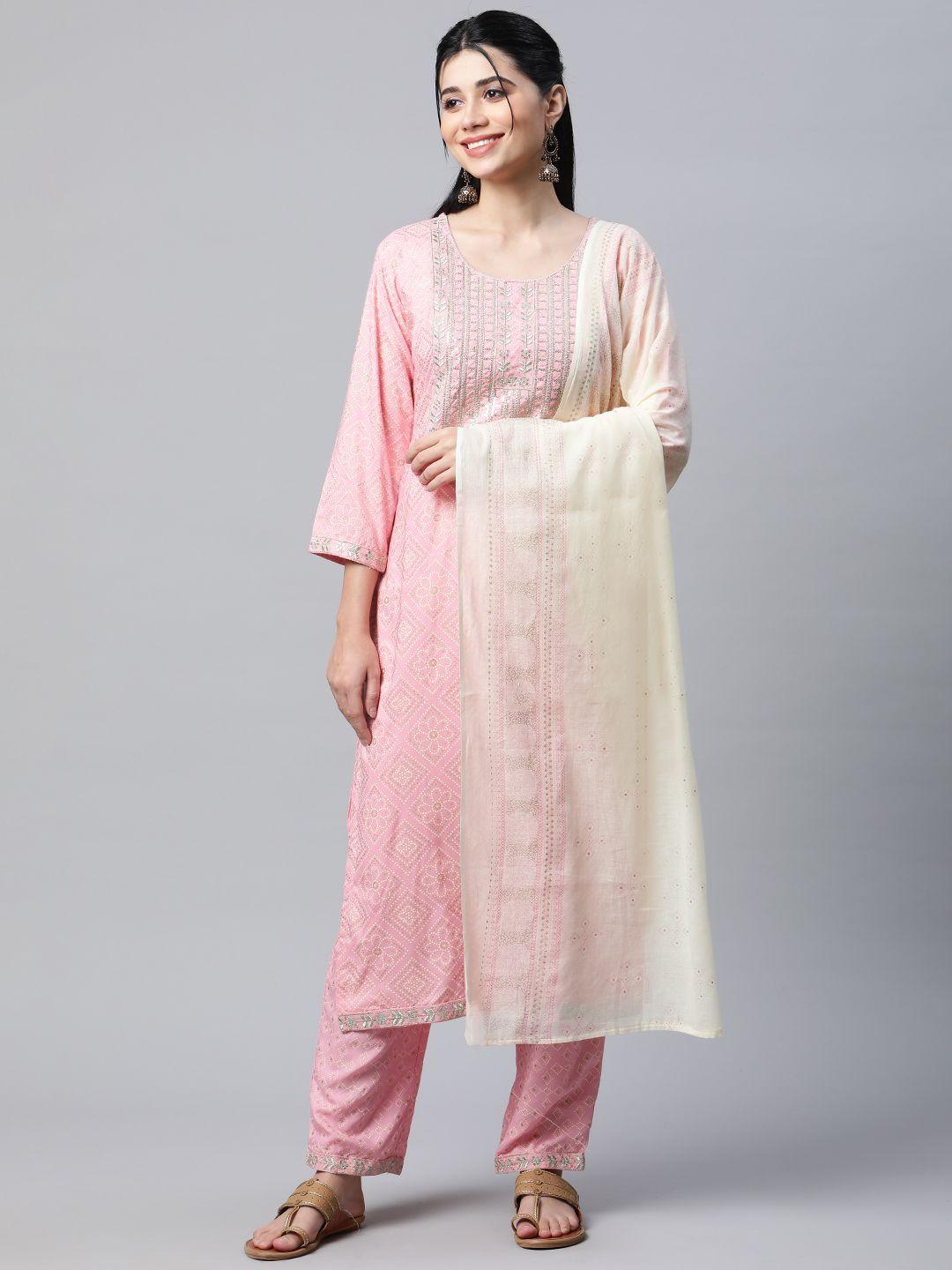 mokshi women pink& golden bandhani printed sequinned kurta with trousers & with dupatta