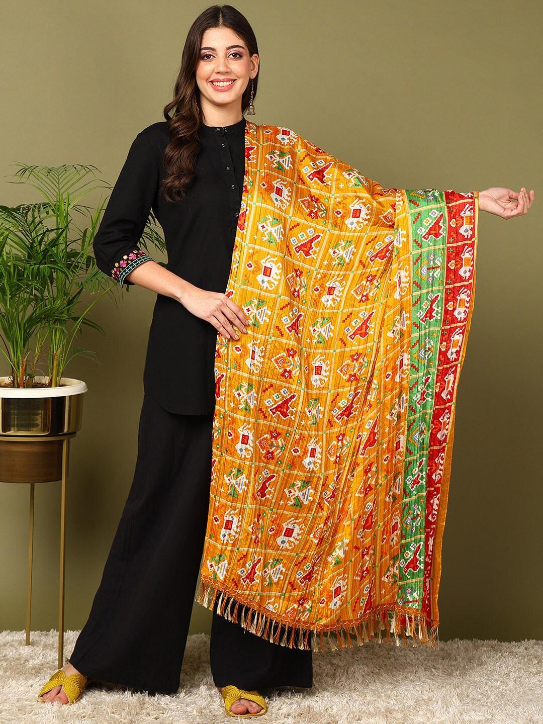 mokshi yellow ethnic motifs printed cotton silk dupatta