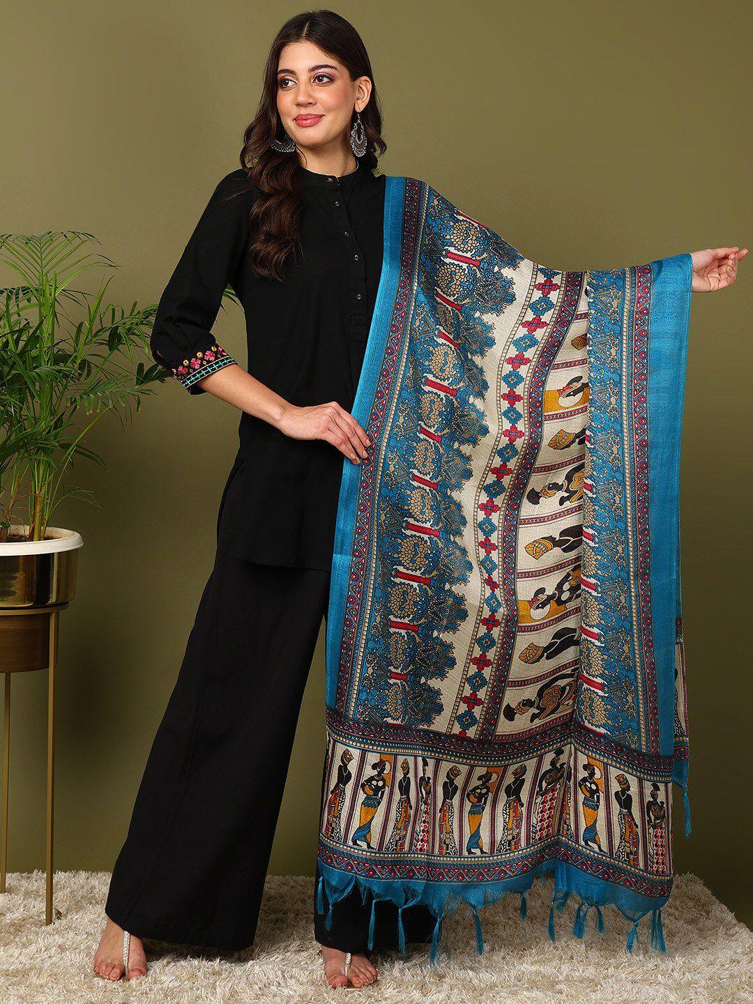 mokshi blue ethnic motifs printed cotton silk dupatta