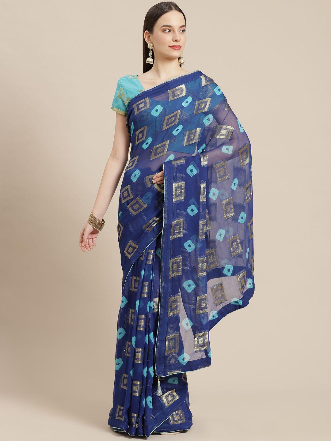 mokshi blue zari pure georgette block print saree