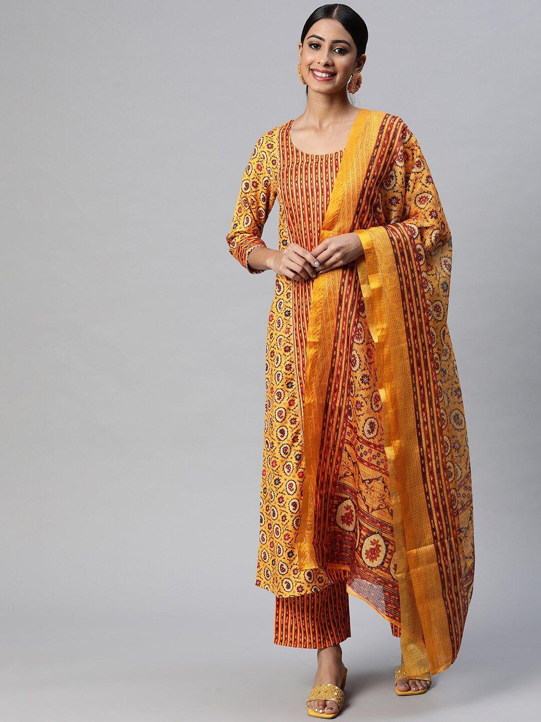 mokshi ethnic motifs printed linen kurta with palazzos & dupatta