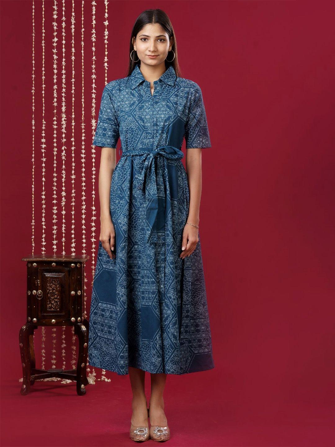 mokshi ethnic motifs printed tie ups cotton a line midi dress