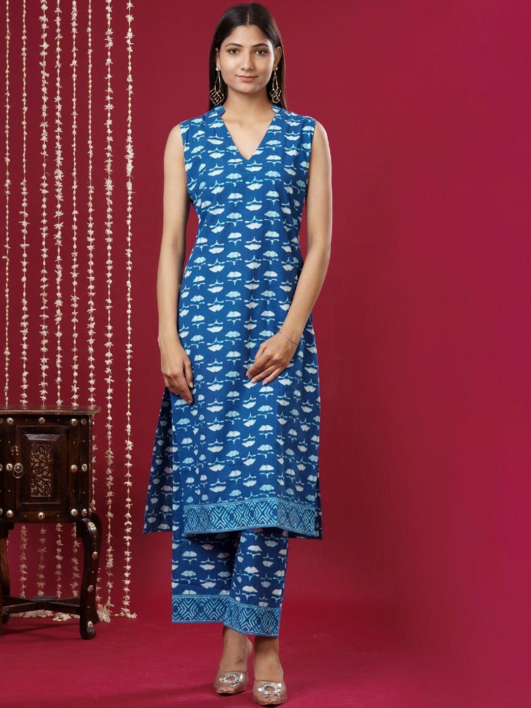 mokshi floral printed v-neck pure cotton kurta with palazzos