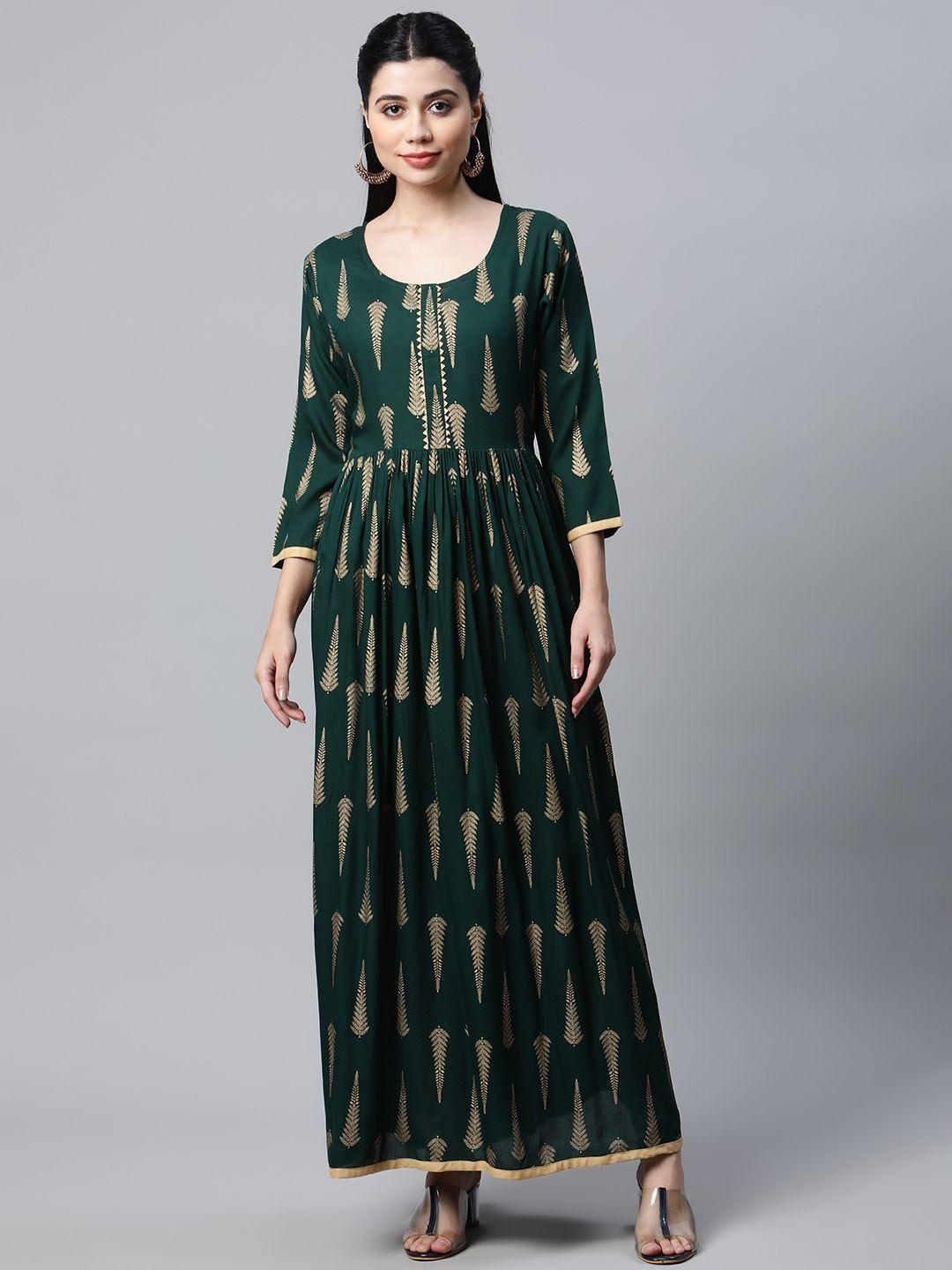 mokshi green & golden ethnic print  maxi dress