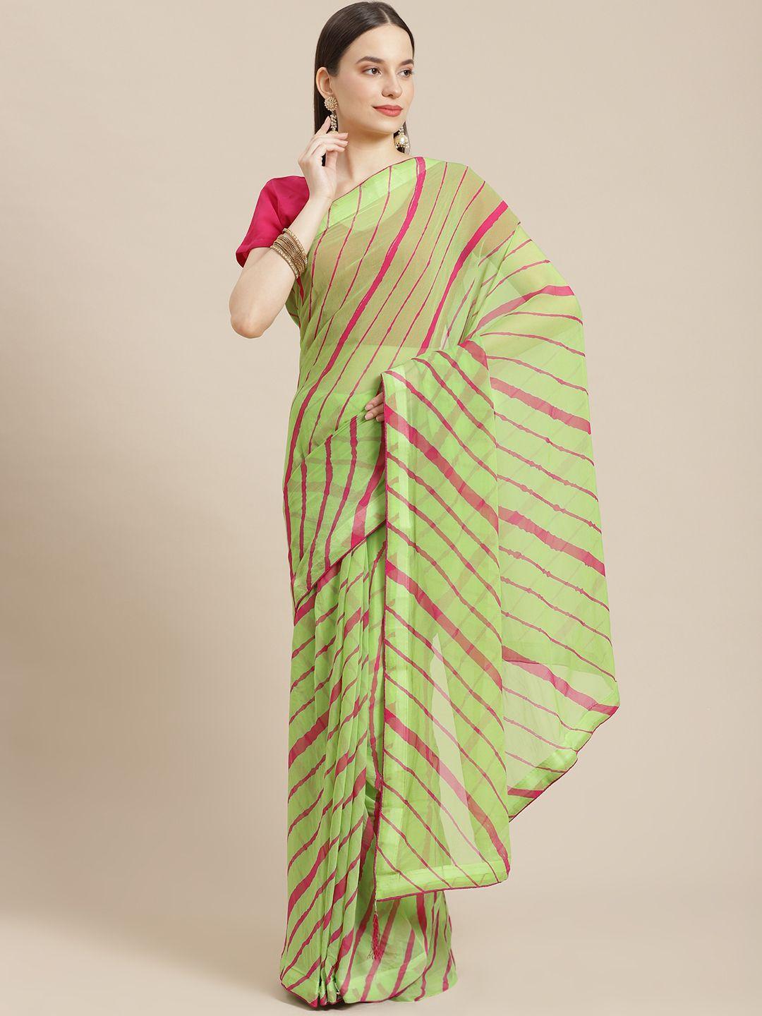 mokshi green & pink leheriya pure chiffon leheriya saree