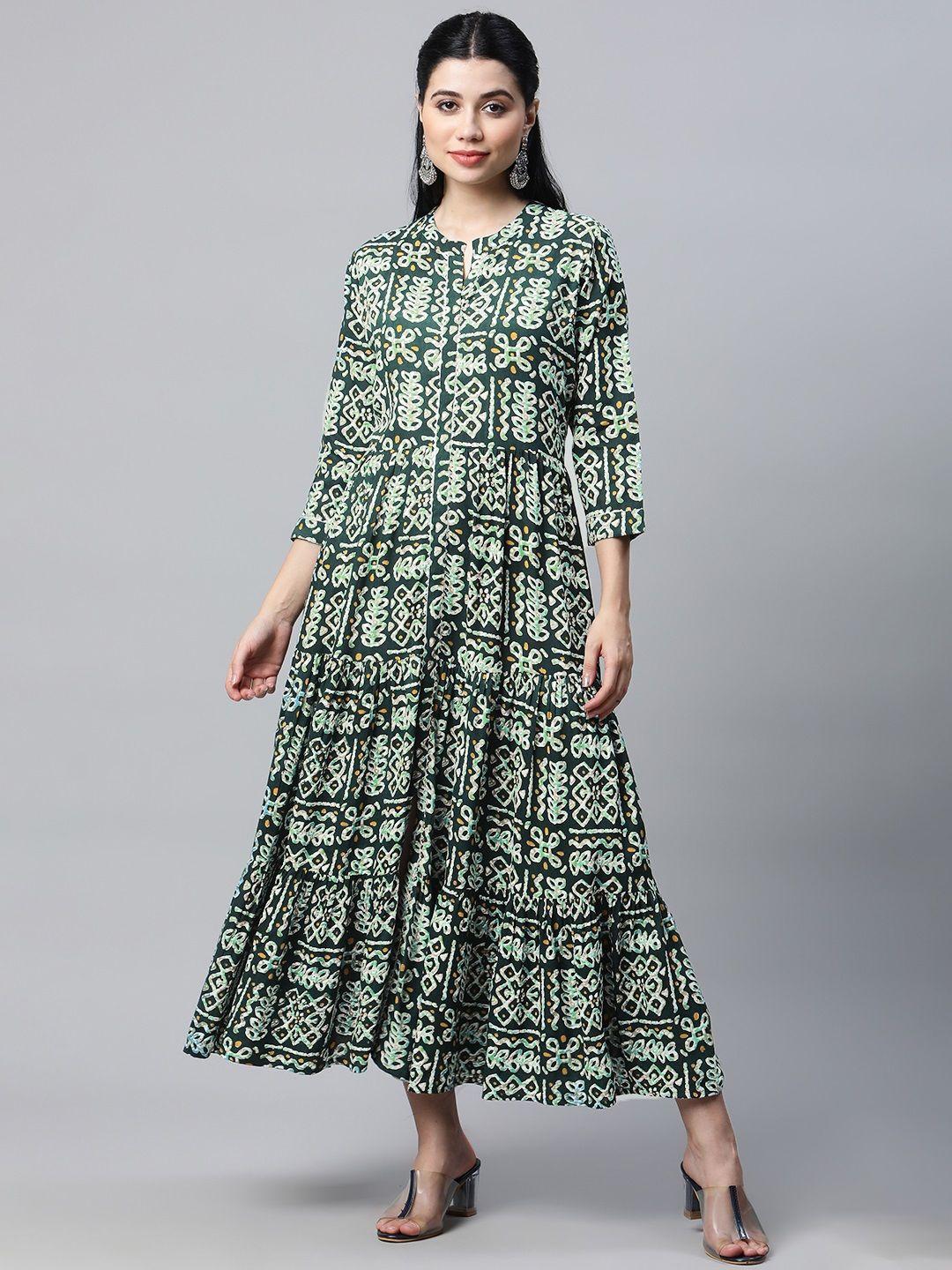 mokshi olive green & white tribal print maxi dress