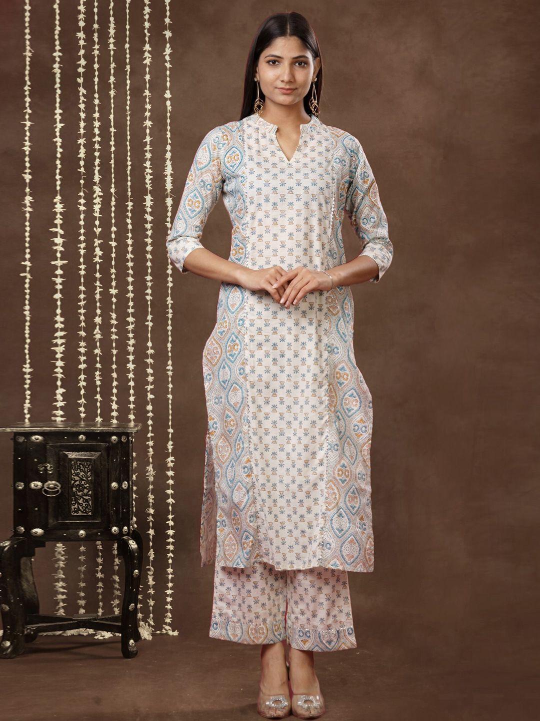mokshi women beige ethnic motifs printed kurta with palazzos &