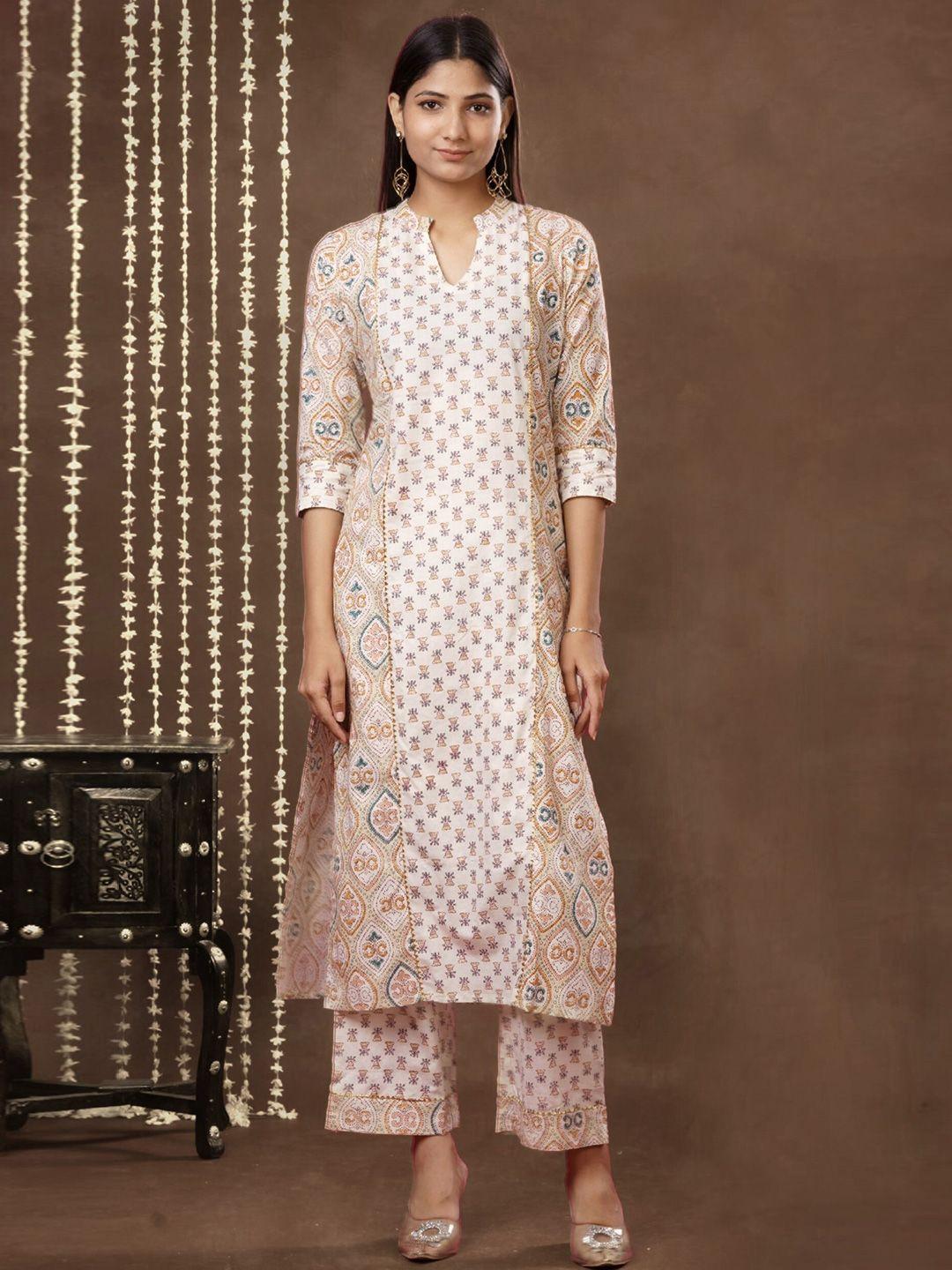 mokshi women beige ethnic motifs printed kurta with palazzos &