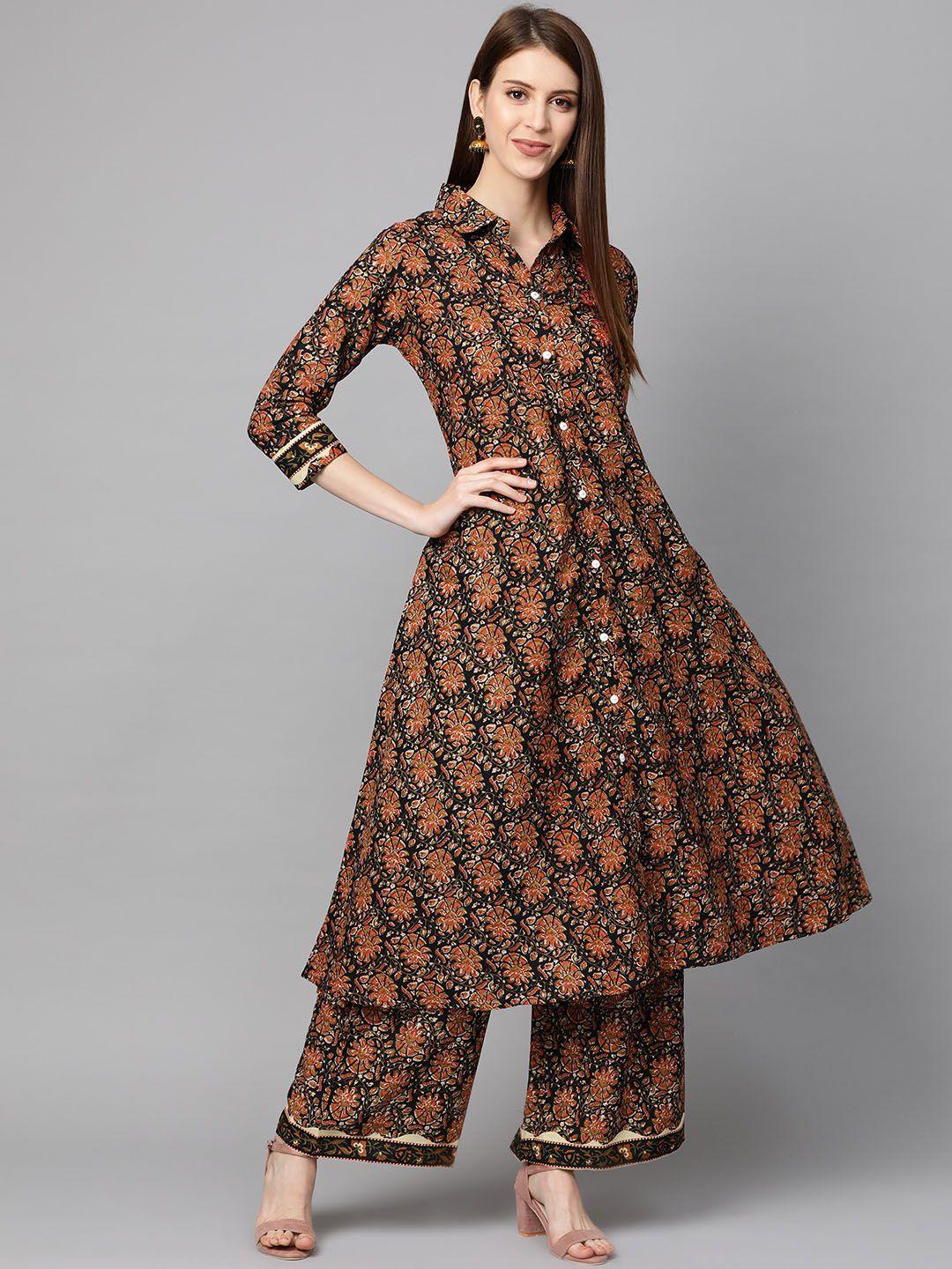 mokshi women black & orange ethnic motifs printed kurta with palazzos