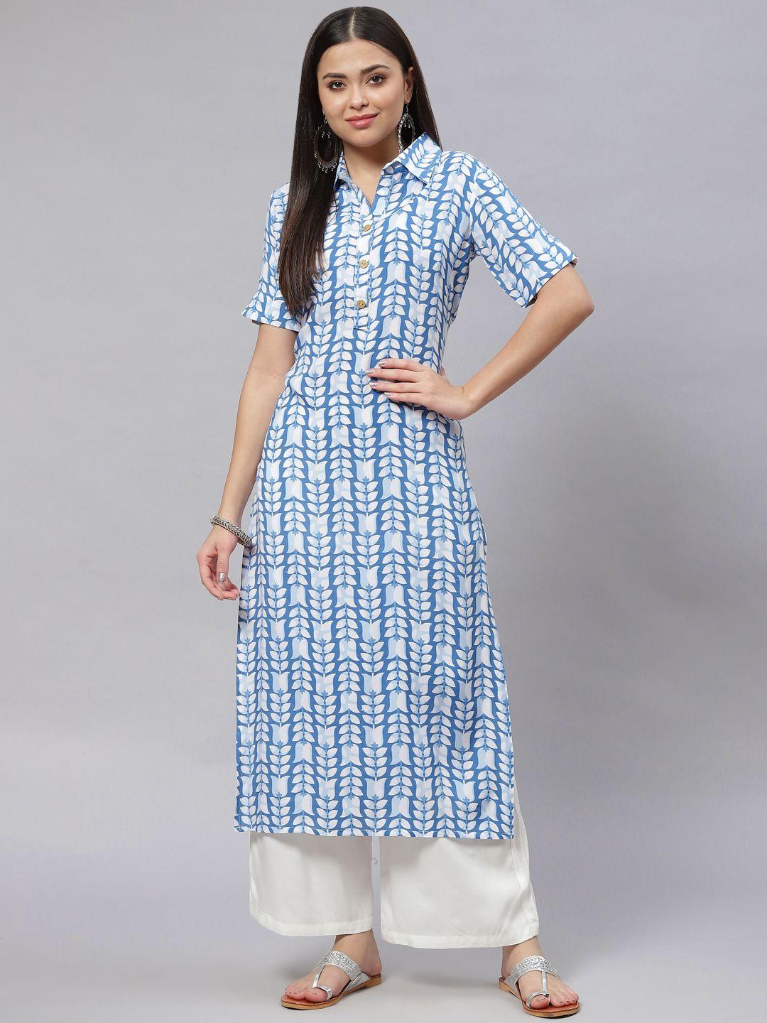 mokshi women blue & white floral print straight kurta