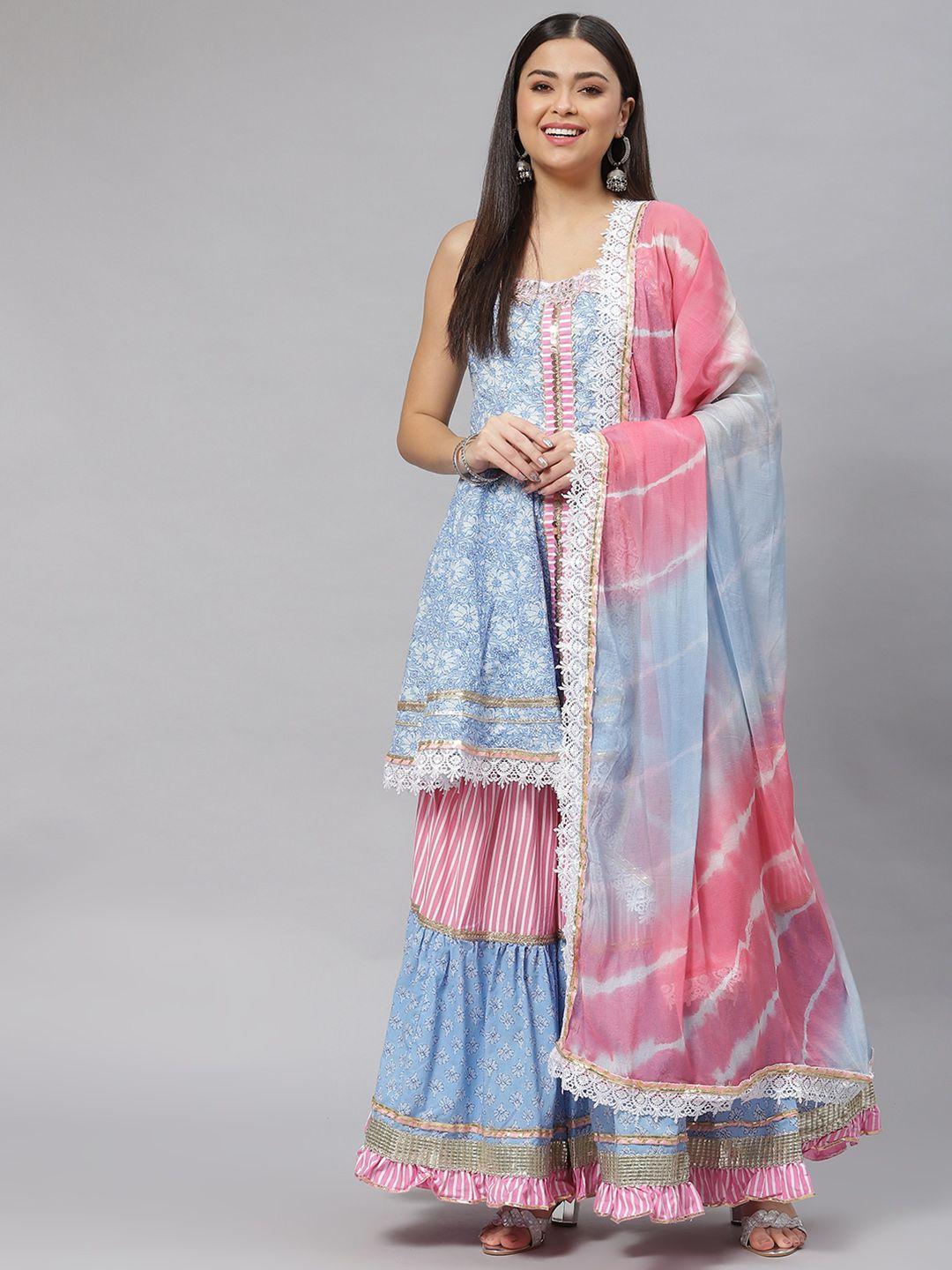 mokshi women blue ethnic motifs printed gotta patti kurta with sharara & with dupatta