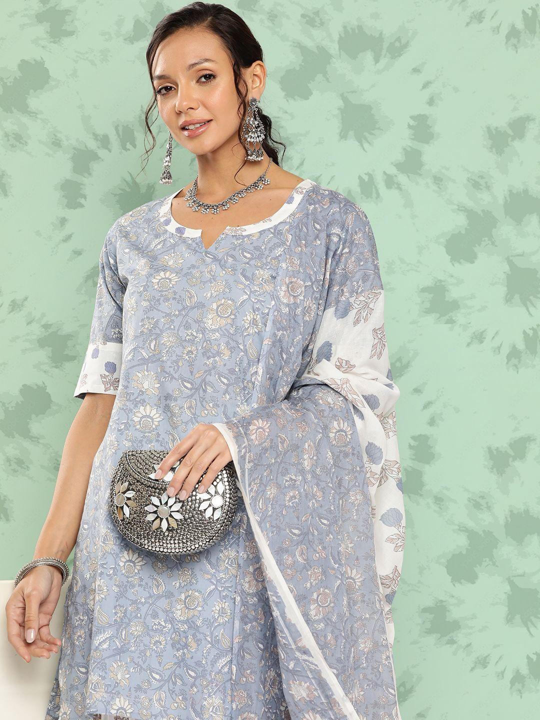 mokshi women floral printed regular pure cotton kurta with sharara & with dupatta