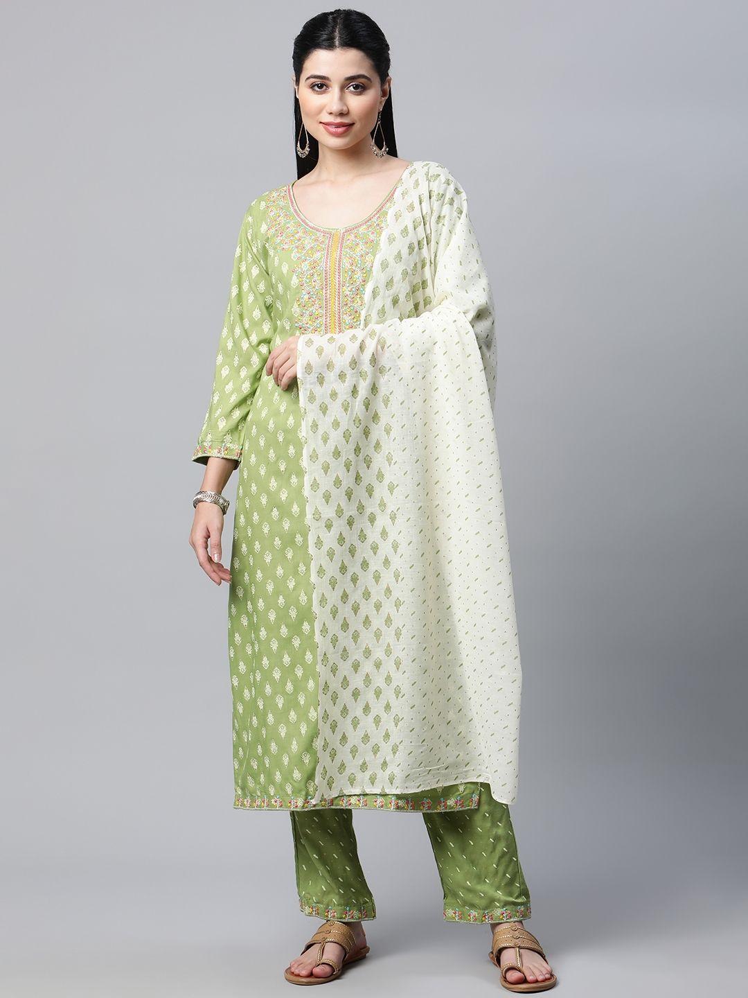 mokshi women green & cream-coloured ethnic printed kurta with palazzos & dupatta