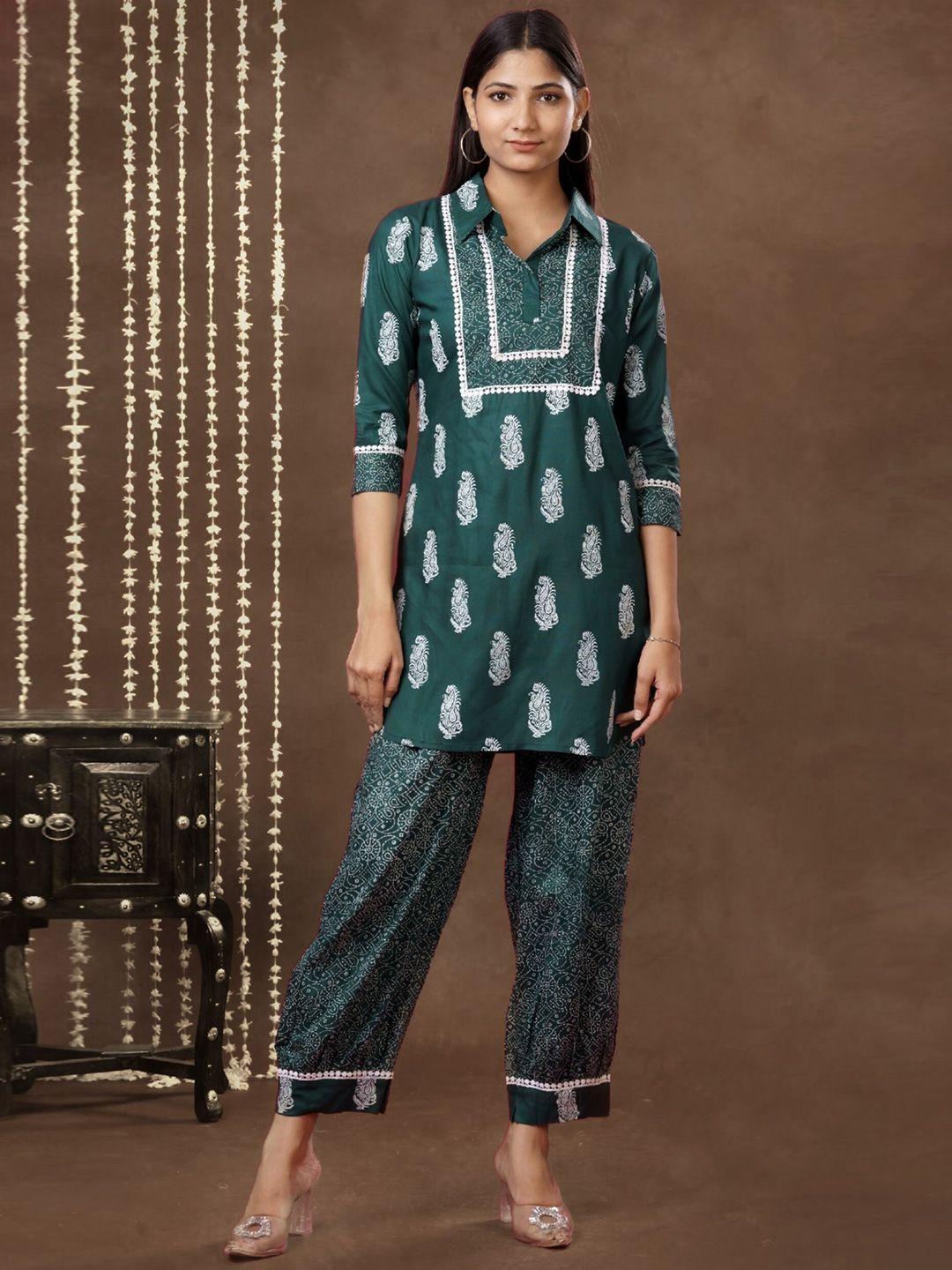 mokshi women green ethnic motifs printed kurta with palazzos &