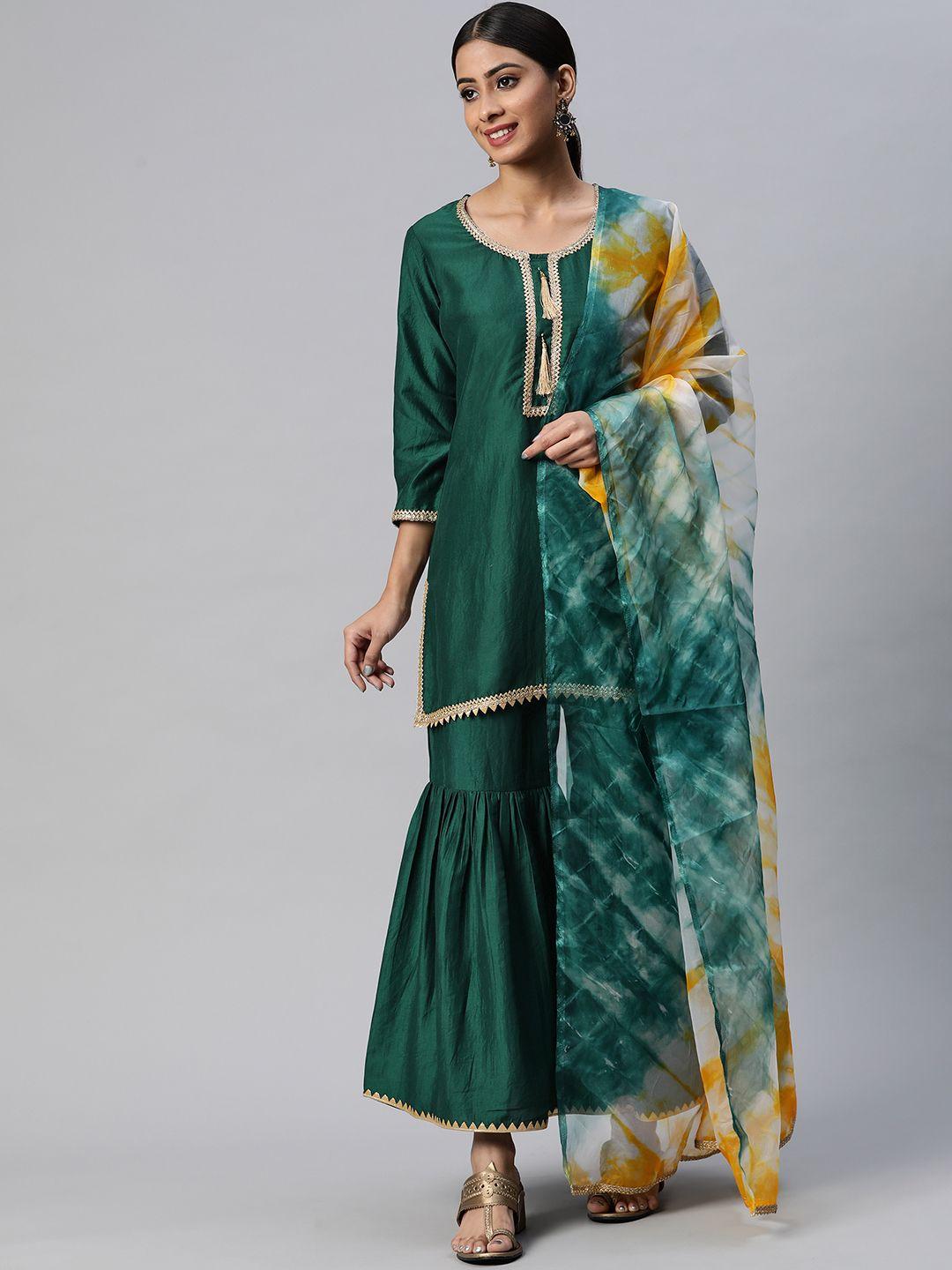 mokshi women green yoke design gotta patti pure silk kurti with sharara & with dupatta