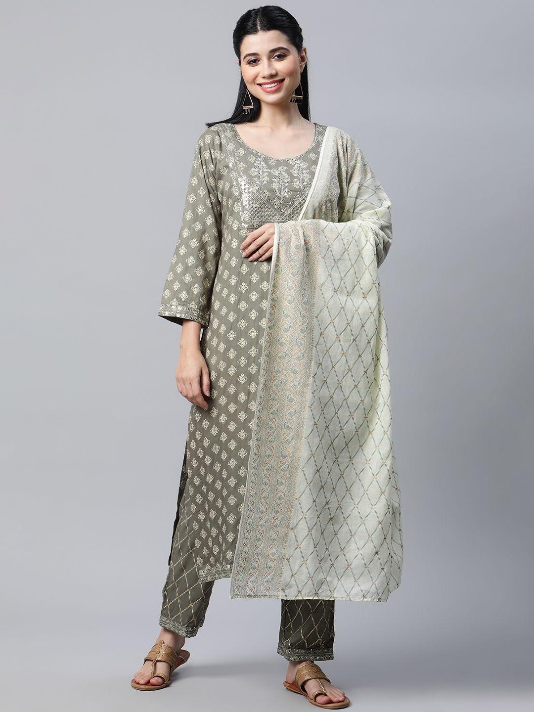 mokshi women grey & cream-coloured ethnic printed sequinned kurta with palazzos & dupatta