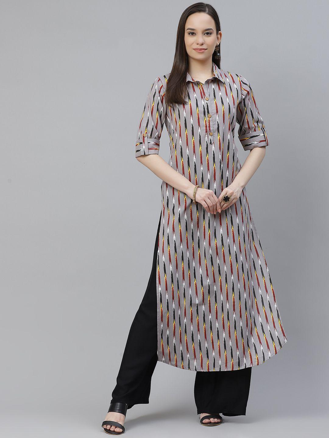 mokshi women grey & maroon striped pure cotton pathani kurta