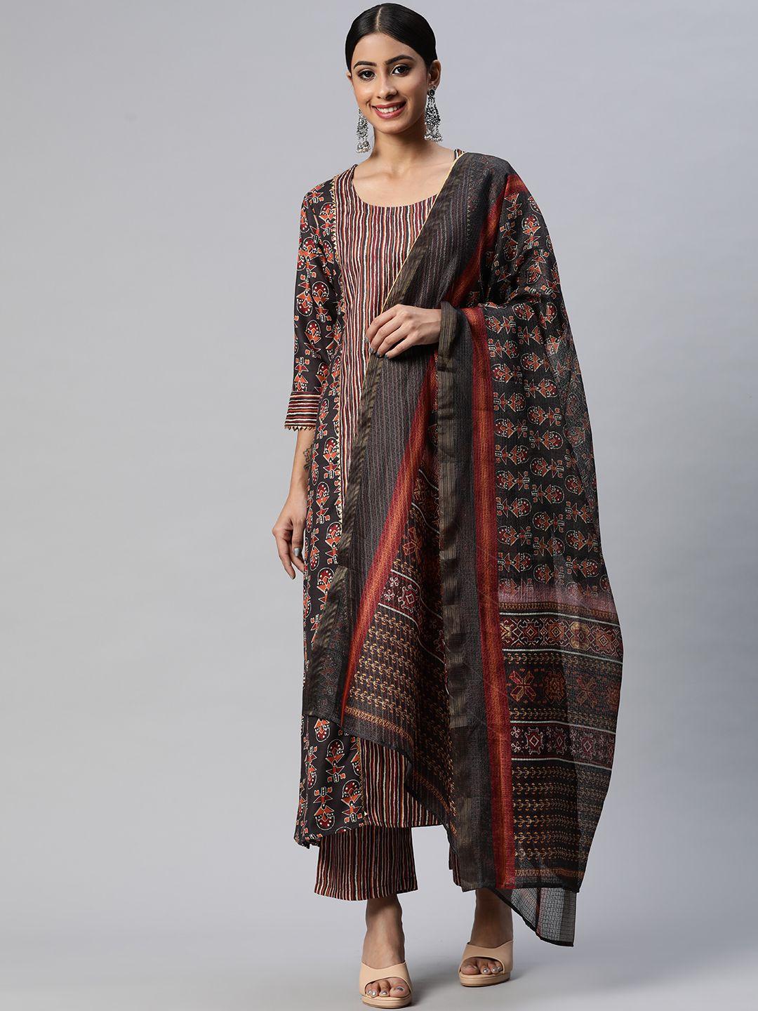 mokshi women grey striped gotta patti linen kurta with palazzos & dupatta