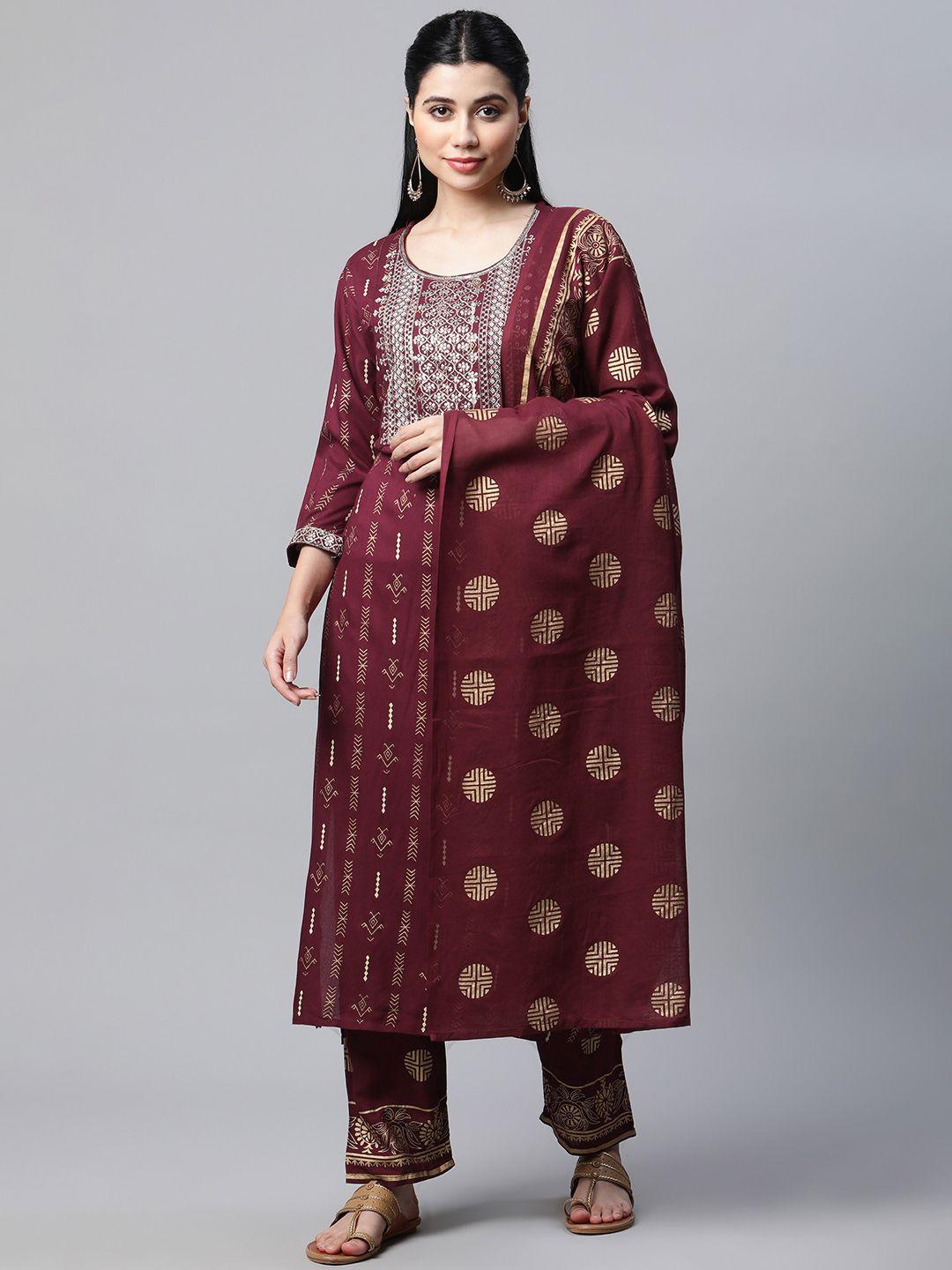 mokshi women maroon & golden ethnic motifs printed kurta with palazzos & with dupatta