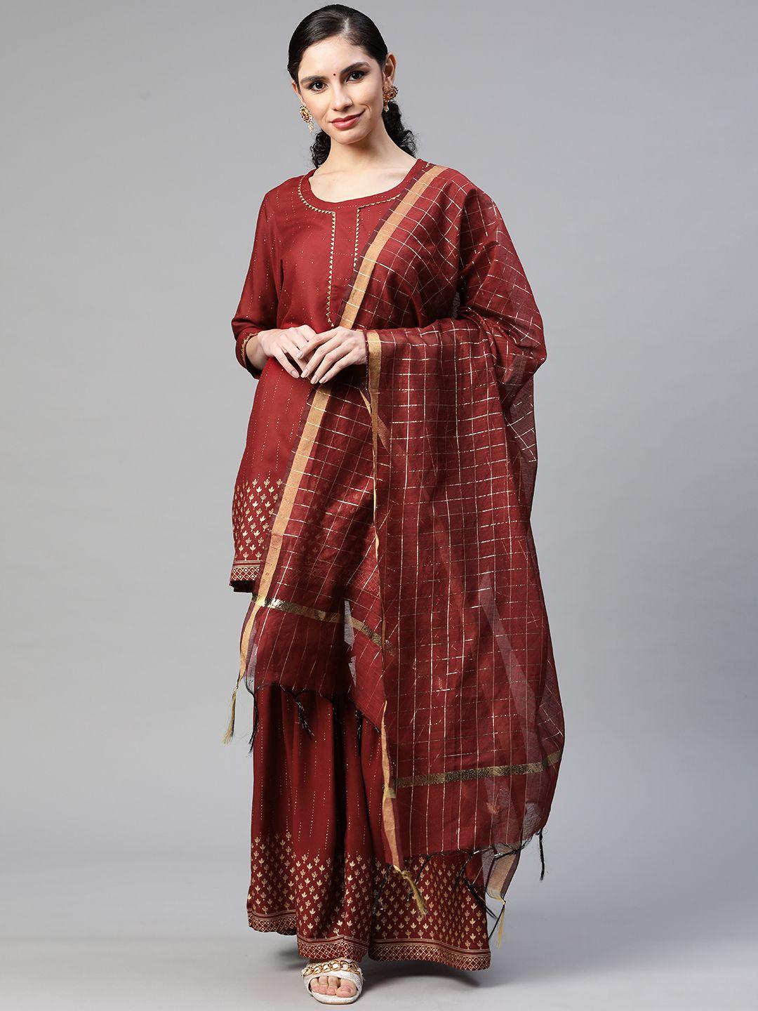 mokshi women maroon ethnic motifs printed gotta patti kurti with sharara & dupatta