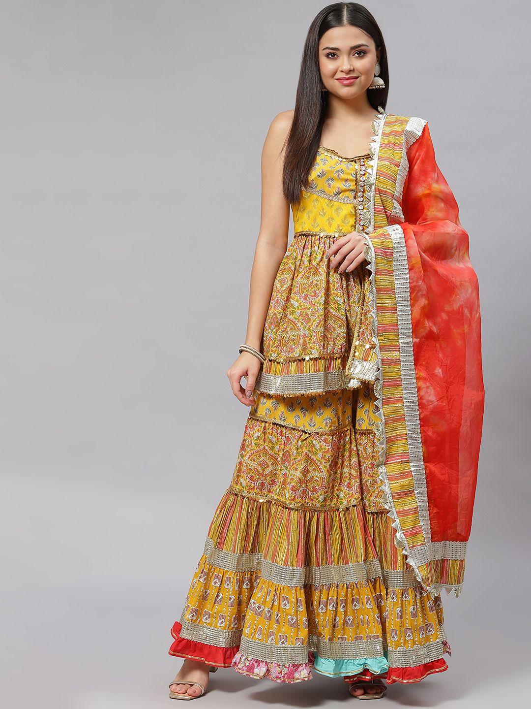 mokshi women multicoloured printed pure cotton kurti with sharara & dupatta
