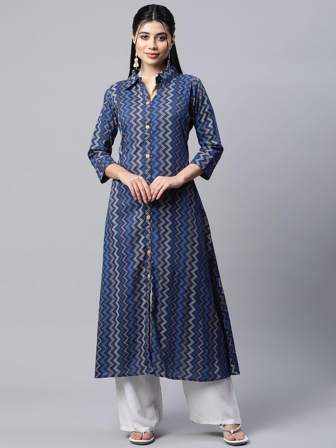 mokshi women navy blue & grey chevron printed kurta