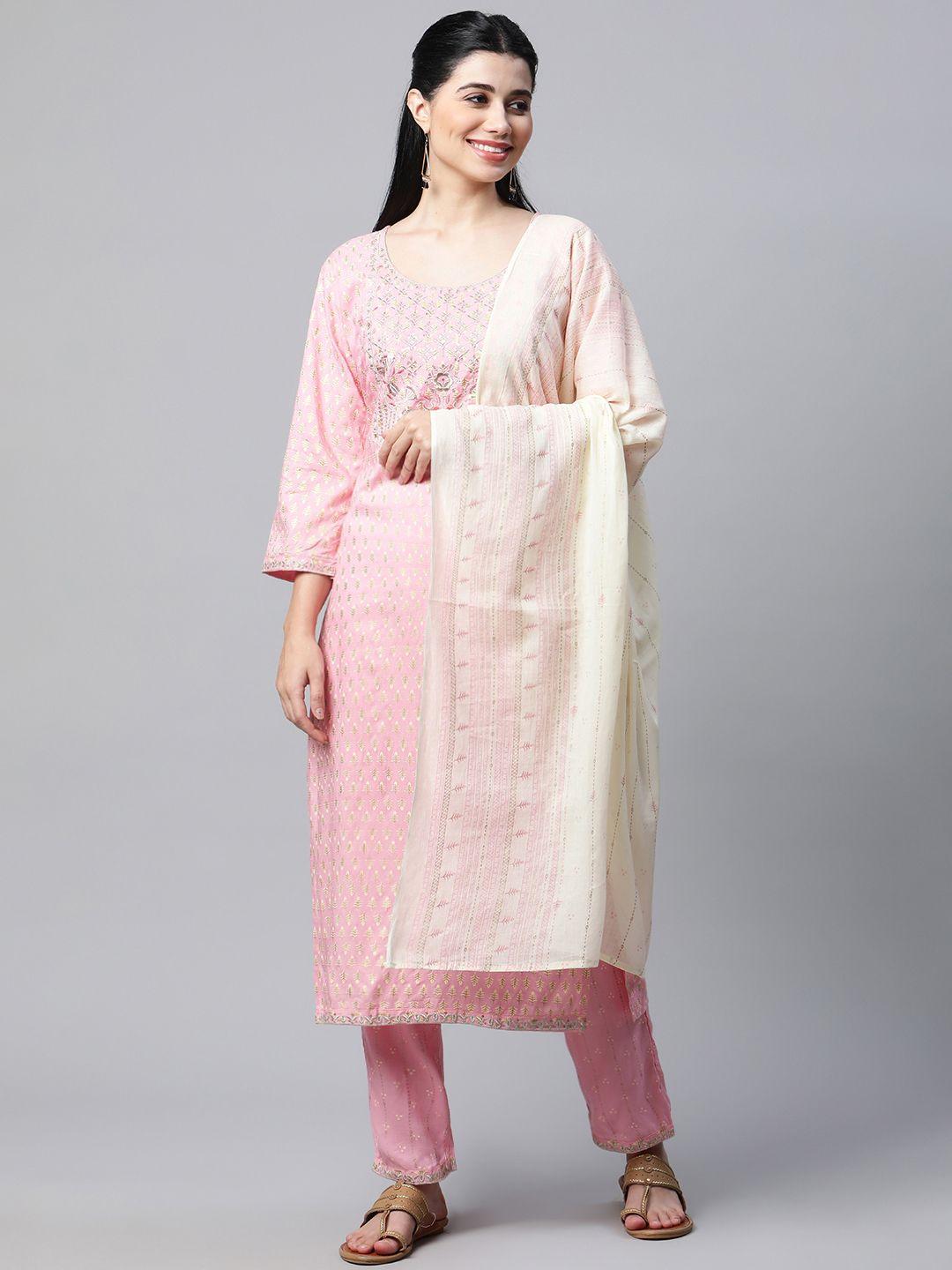 mokshi women pink & golden ethnic printed sequinned kurta with trousers & dupatta