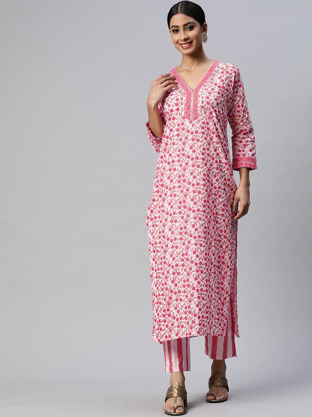 mokshi women pink floral printed gotta patti pure cotton kurta with trousers