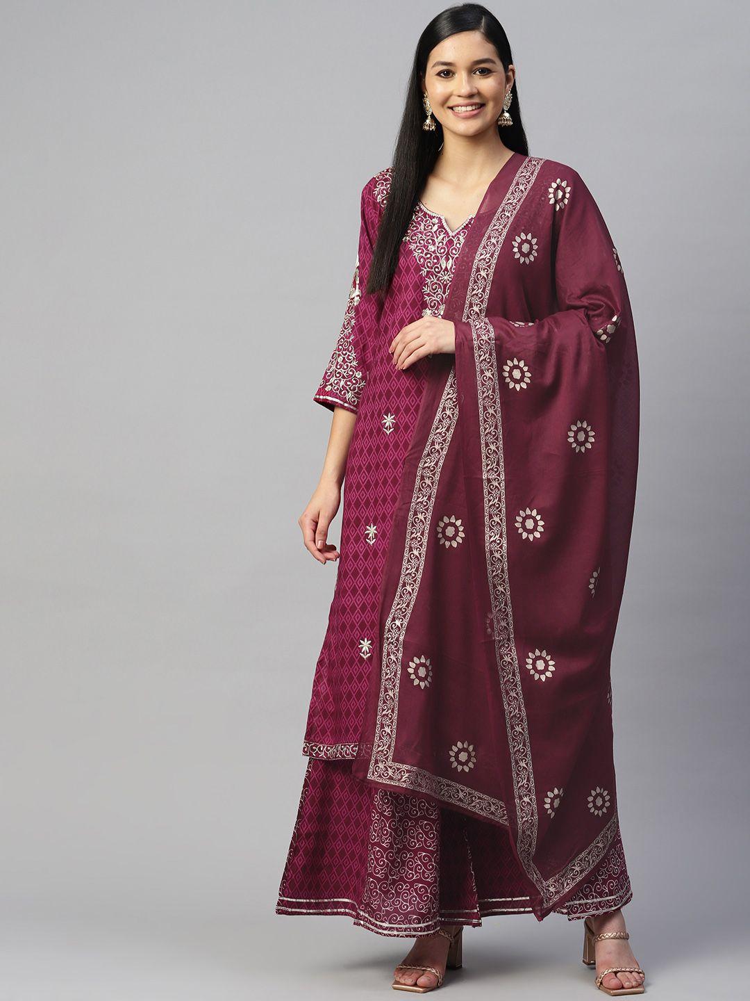 mokshi women purple ethnic motifs embroidered kurta with palazzos & with dupatta