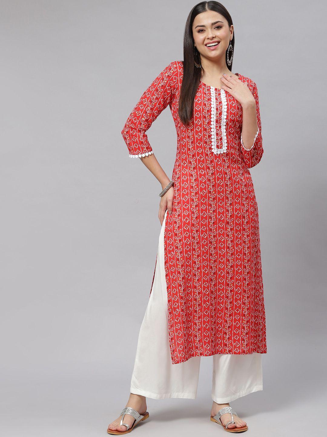 mokshi women red & off white floral print straight kurta