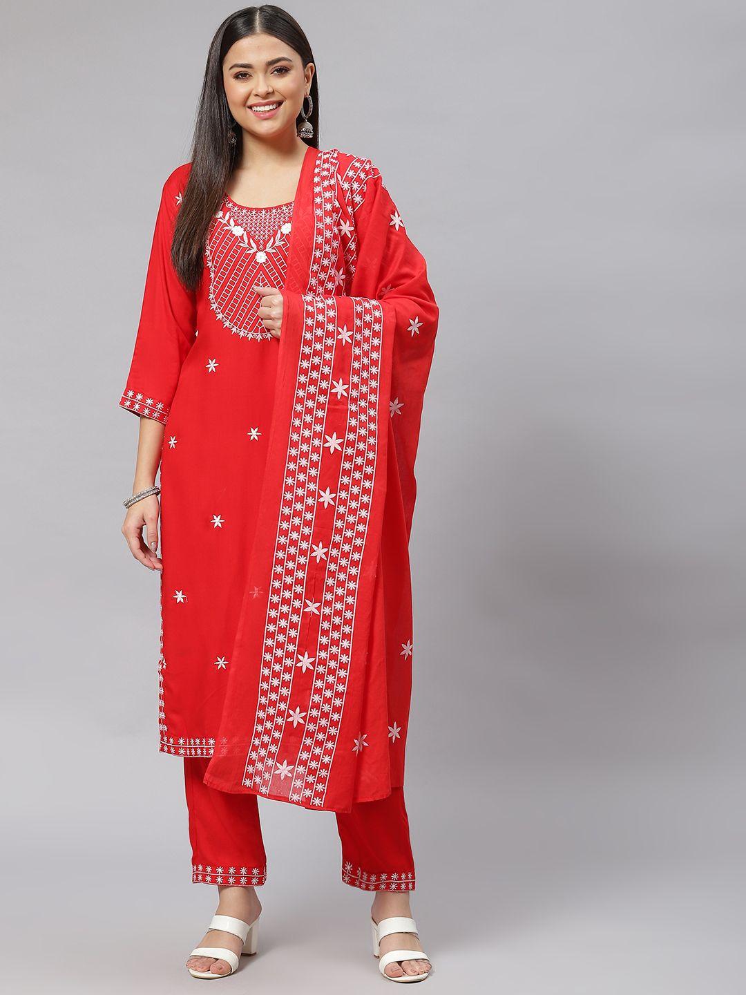 mokshi women red embroidered thread work kurta with trousers & dupatta