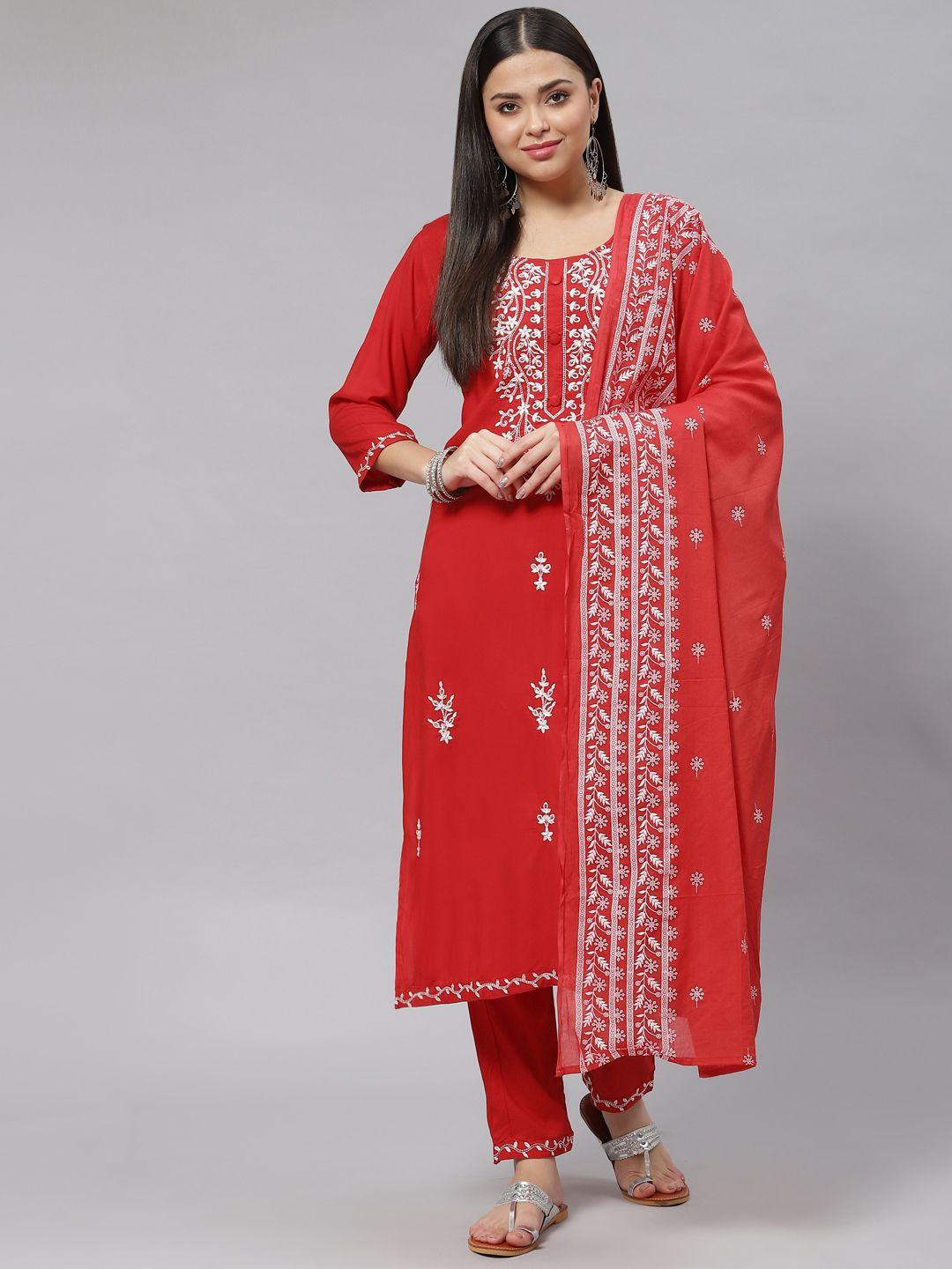 mokshi women red ethnic motifs embroidered kurta with trousers & with dupatta