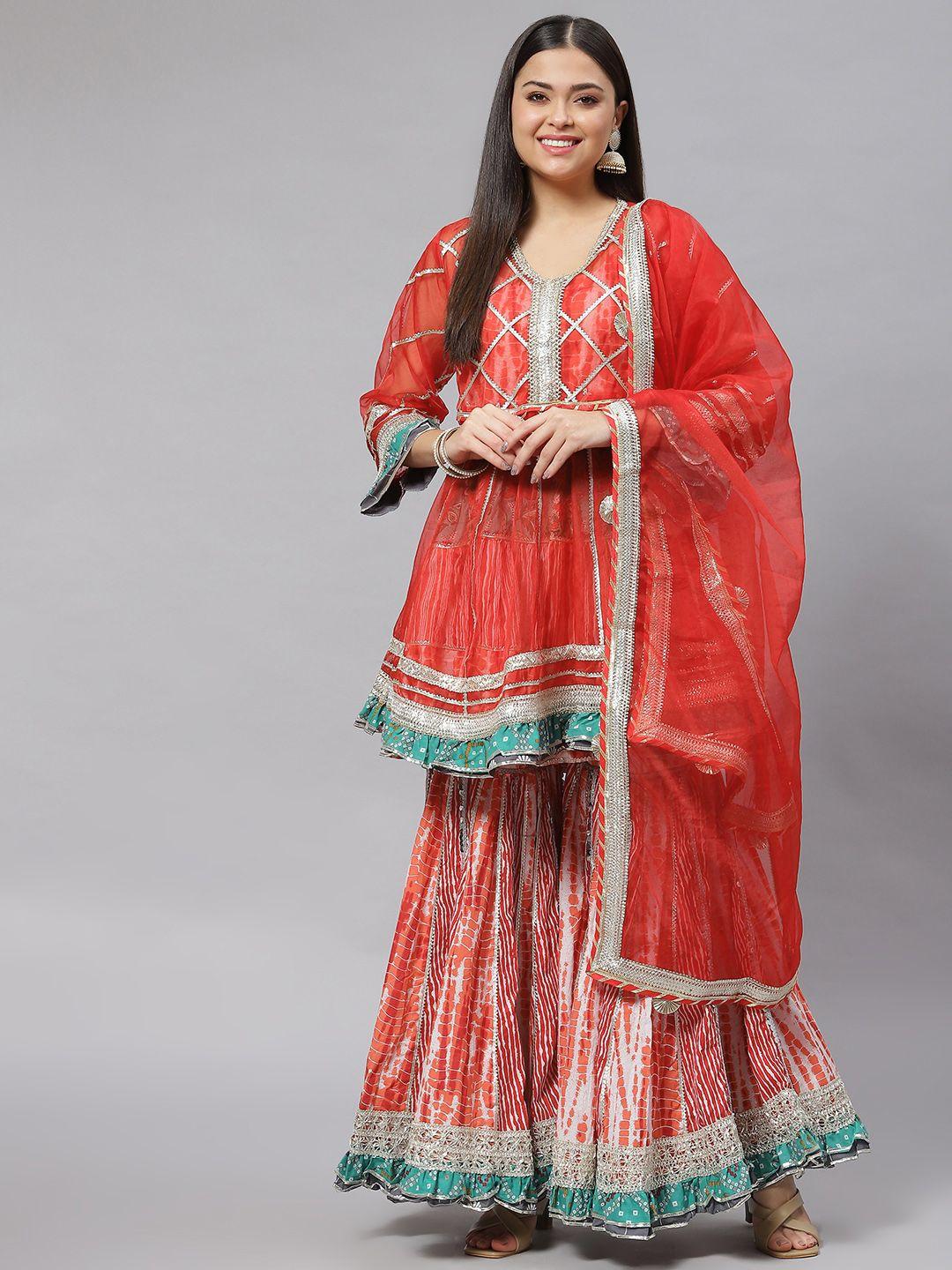 mokshi women red ethnic motifs pleated gotta patti pure cotton kurti with sharara & with dupatta