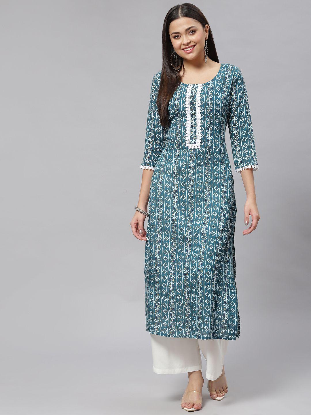 mokshi women teal green & off white floral print straight kurta