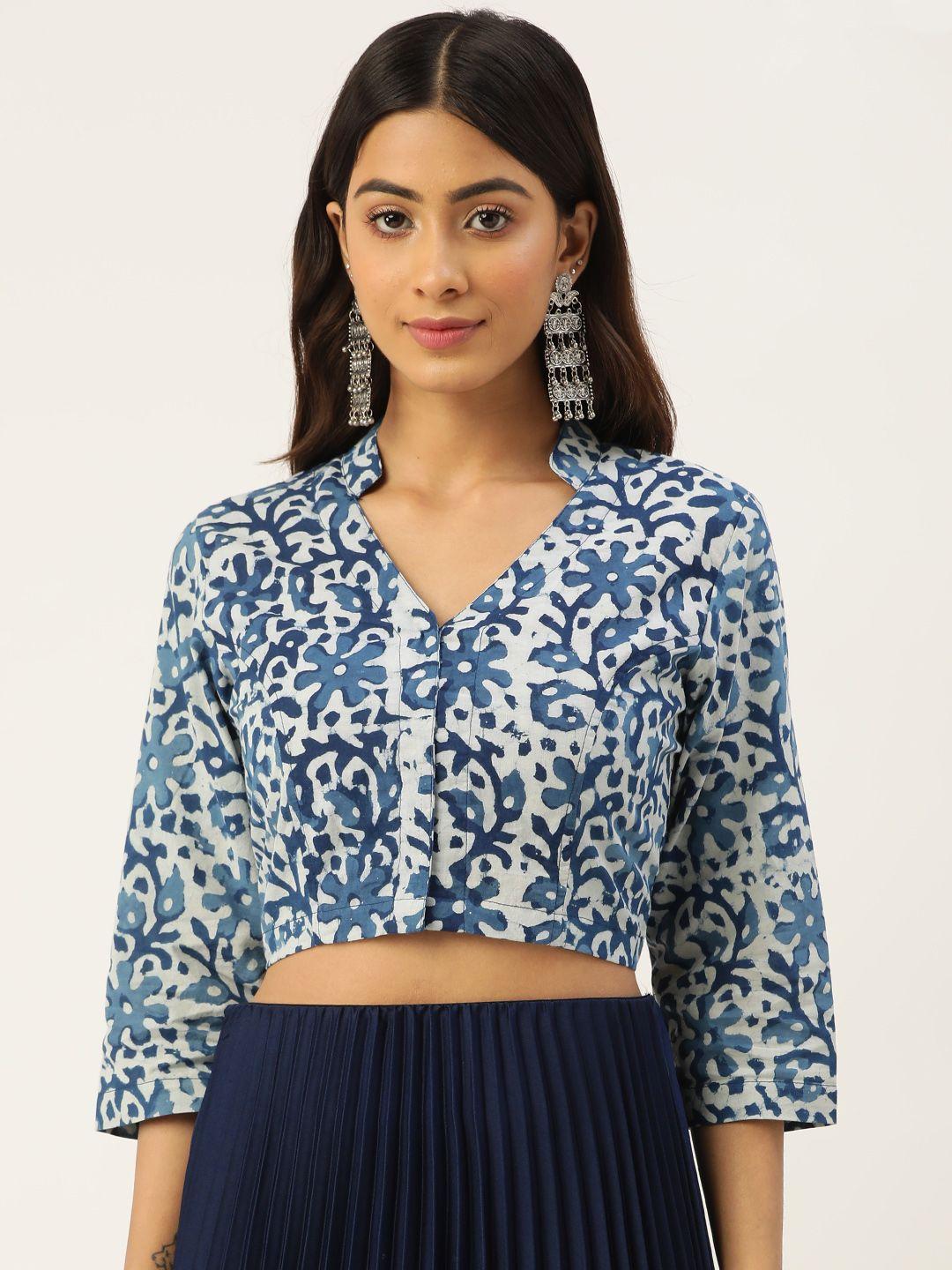 molcha blue & white geometric print pure cotton non-padded saree blouse