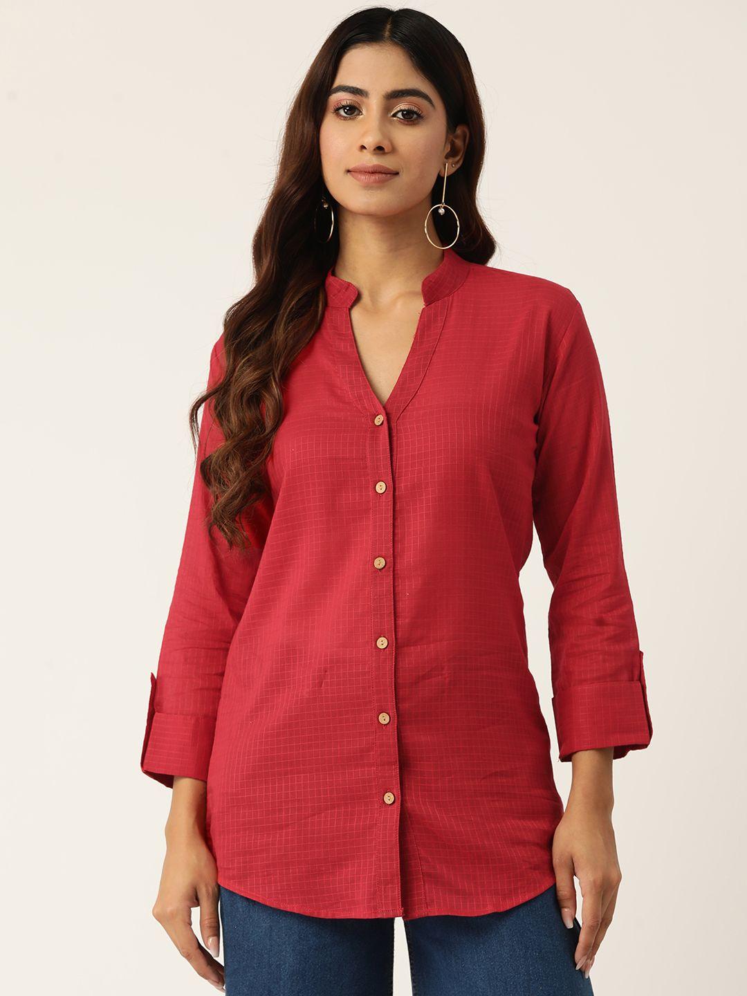 molcha contemporary checked mandarin collar roll-up sleeves pure cotton semiformal shirt