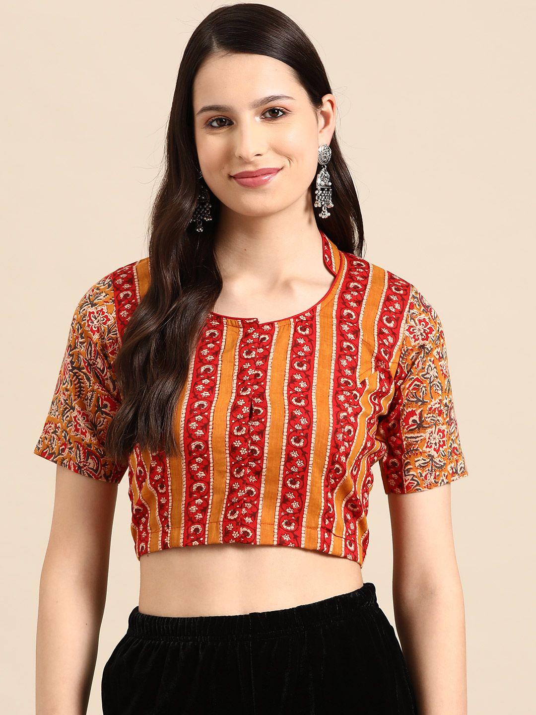 molcha kalamkari printed mandarin collar fusion saree blouse