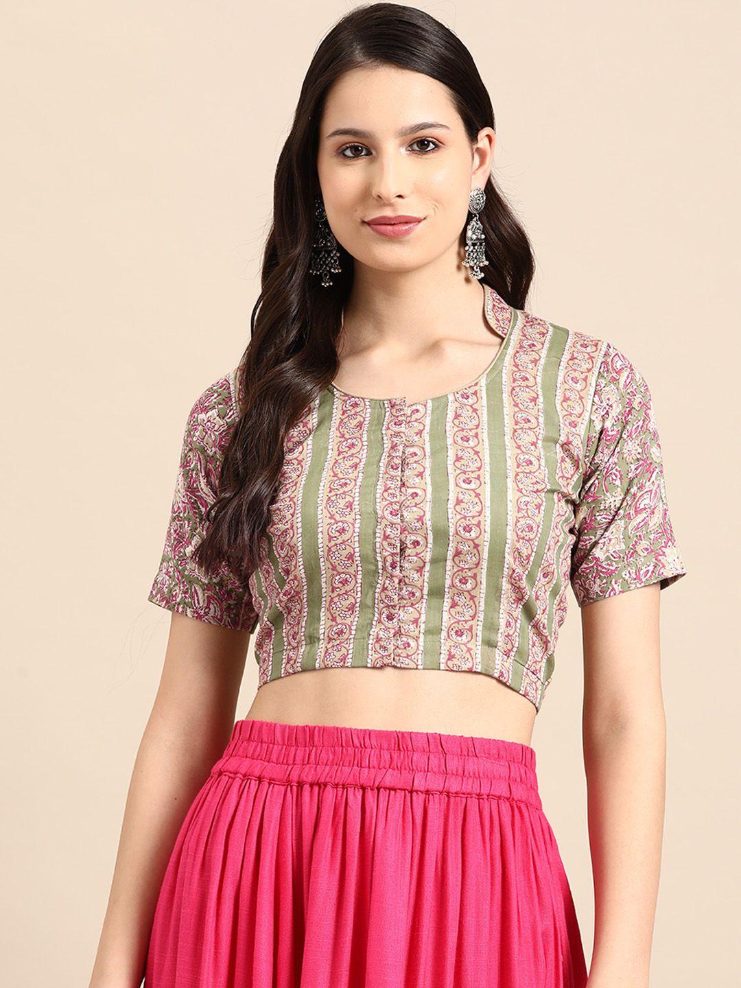 molcha kalamkari printed mandarin collar fusion saree blouse