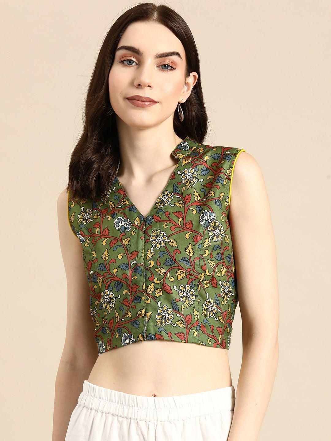 molcha kalamkari printed non padded mandarin collar saree blouse