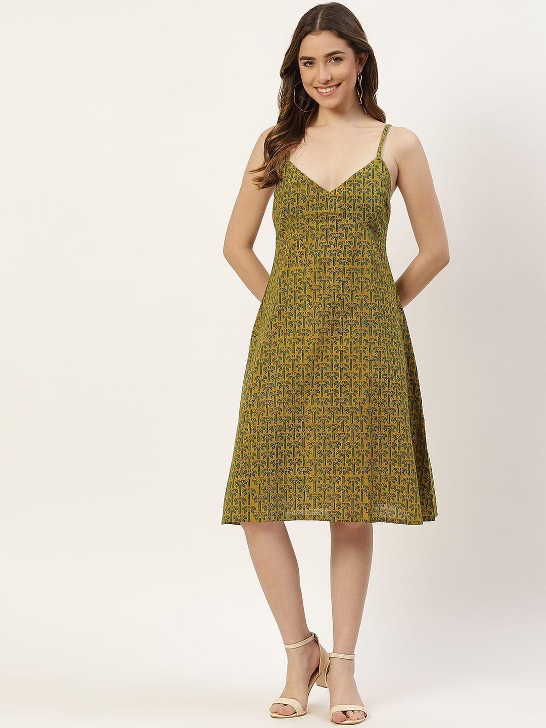 molcha olive green ethnic print cotton a-line dress