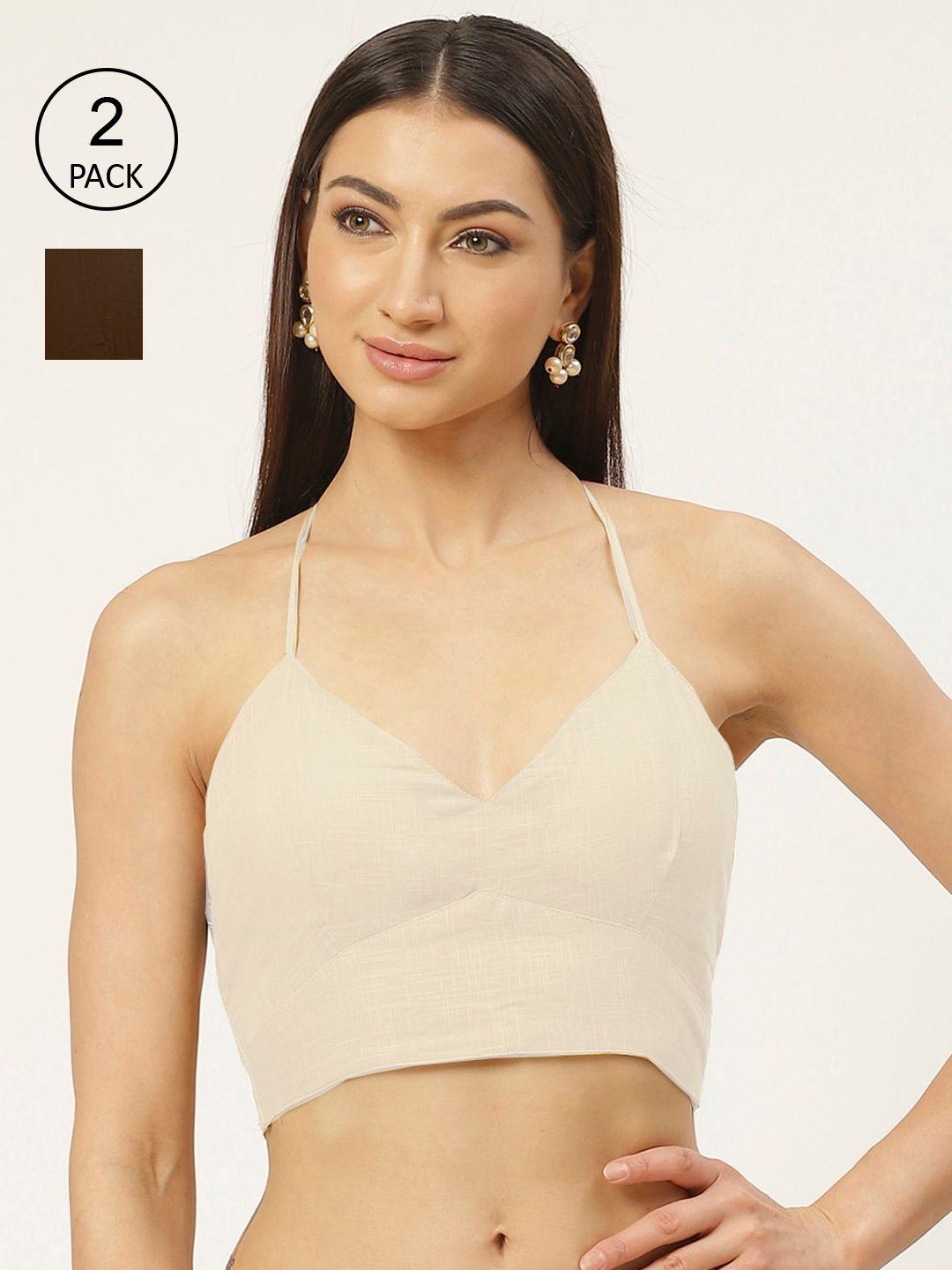 molcha pack of 2 brown 7 off-white solid pure cotton padded saree blouse